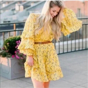 Happy X Nature By Kate Hudson Dress Ditsy Meadow Mini Floral Ruffle Yellow Sz M